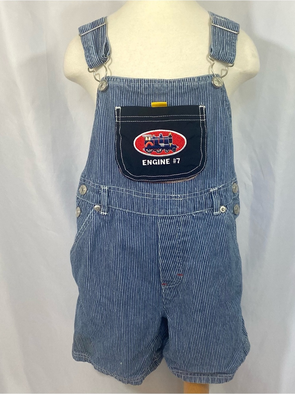 Vintage 90’s Sesame Street Conductor Striped Train Overalls Size 4T Shortalls